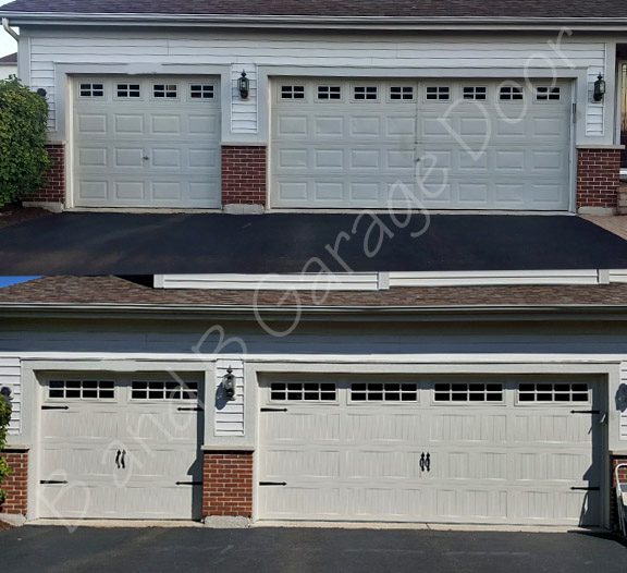 A wood grain designer garage door installed on a lovely red brick home front.